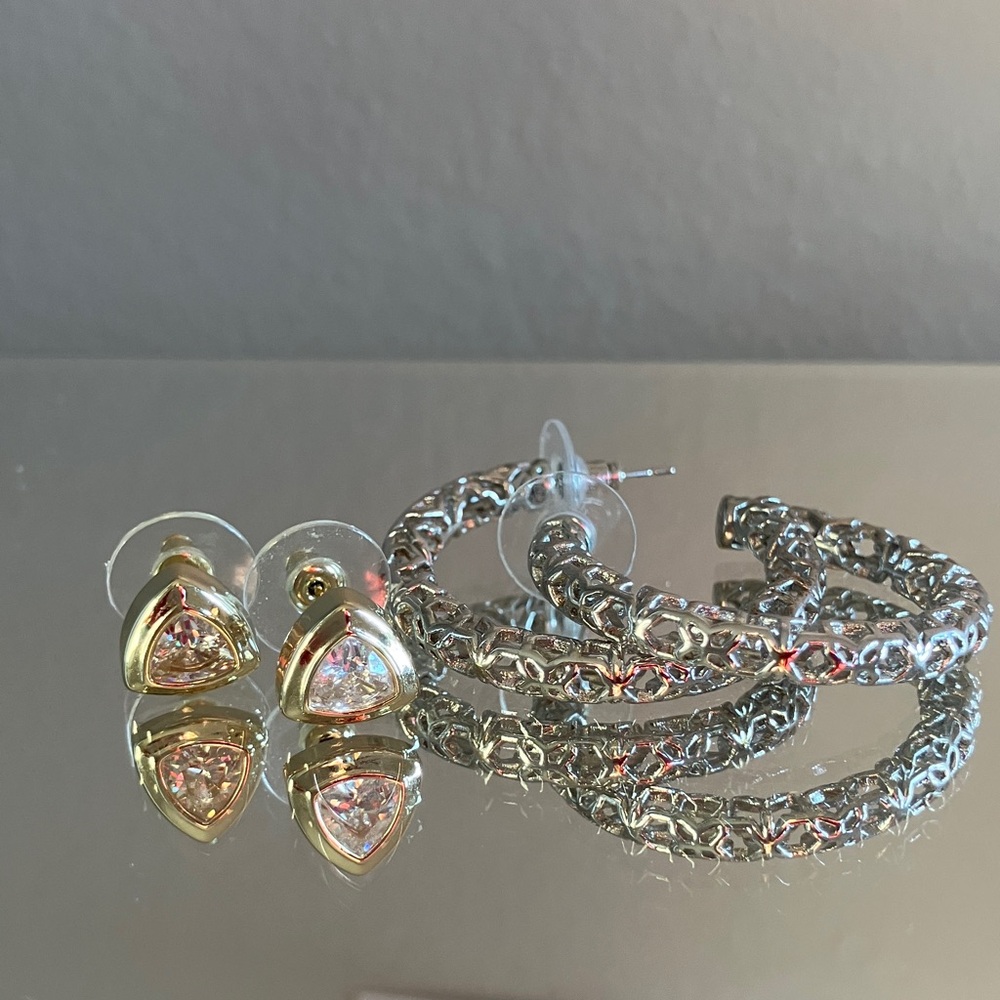 Kendra Scott Gold Triangle CZ Studs and Silver Filigree Hoop Earrings